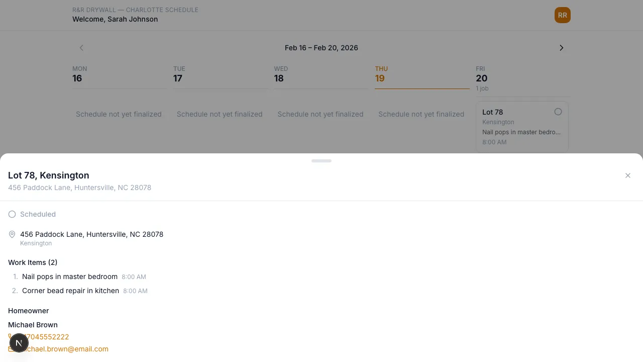 Job detail drawer showing lot info, work items, and homeowner contact