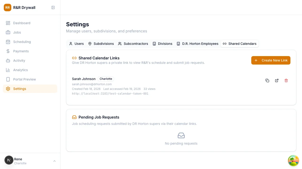 Settings page showing the Shared Calendars tab with token list and pending requests