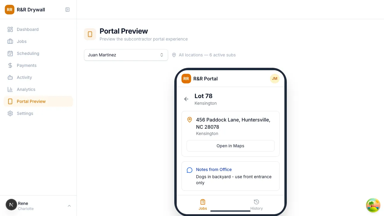 Phone frame showing job detail with address, schedule, and work items