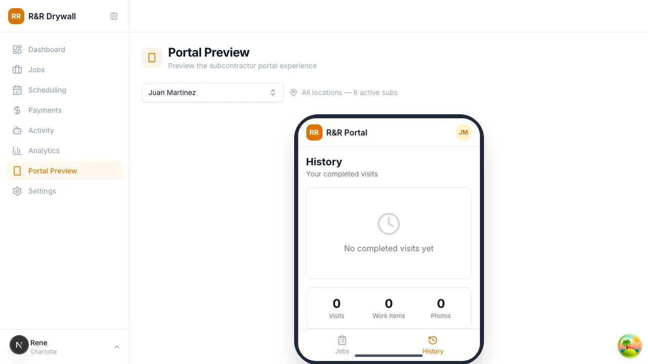 Phone frame showing the history view with completed jobs