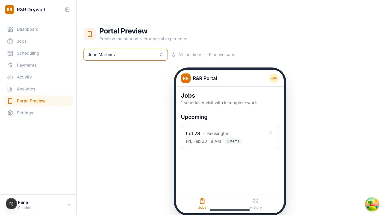 Phone frame showing the subcontractor's jobs list with grouping by status