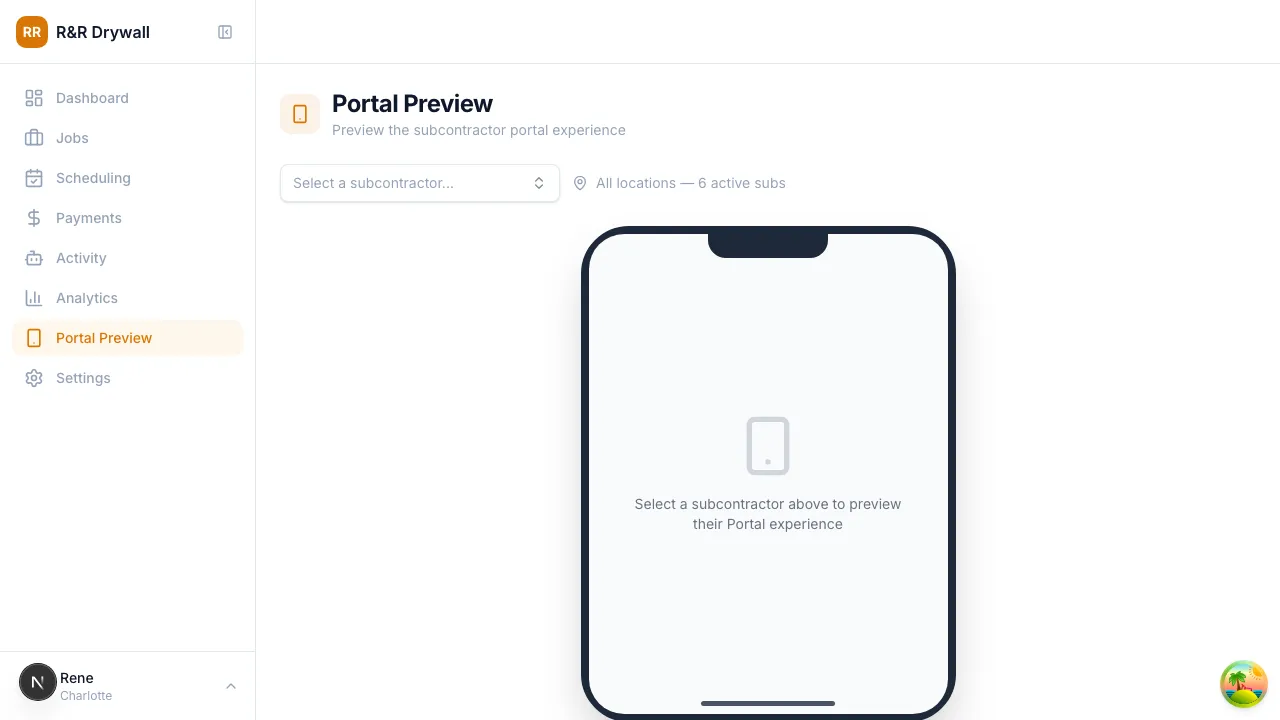 Portal preview page with subcontractor selector open, listing all active subcontractors
